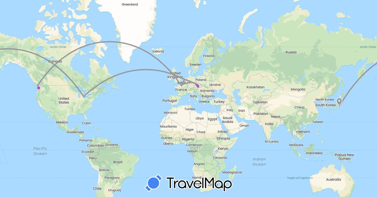 TravelMap itinerary: driving, plane, train in Austria, Canada, Czech Republic, France, Japan, Netherlands, Slovakia, United States (Asia, Europe, North America)